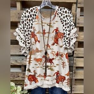 Cowgirl Print Blouse with Leopard Ruffle Sleeves